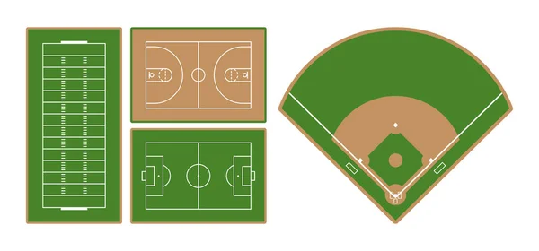 Sada amerických fotbalových, basketbalových, evropských fotbalových nebo fotbalových a baseballových hřišť. Plochý. Vektorová ilustrace. — Stockový vektor