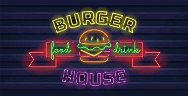 Burger Cafe Neon tabelası. Koyu renkli duvarda parlak, büyük bir burger. Fast food restoranı veya abur cubur barı için neon biçiminde vektör illüstrasyonu