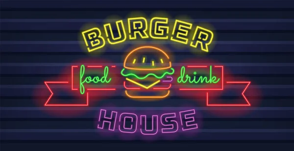 Burger cafe neon sign. Bersinar burger besar lezat di dinding gelap. Ilustrasi vektor dalam gaya neon untuk restoran cepat saji atau snack bar - Stok Vektor