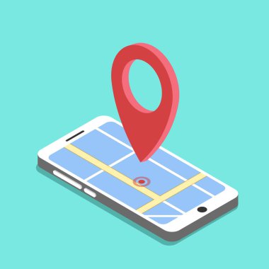 Haritalı akıllı telefon ve ekranda kırmızı nokta, vektör illüstrasyonu.