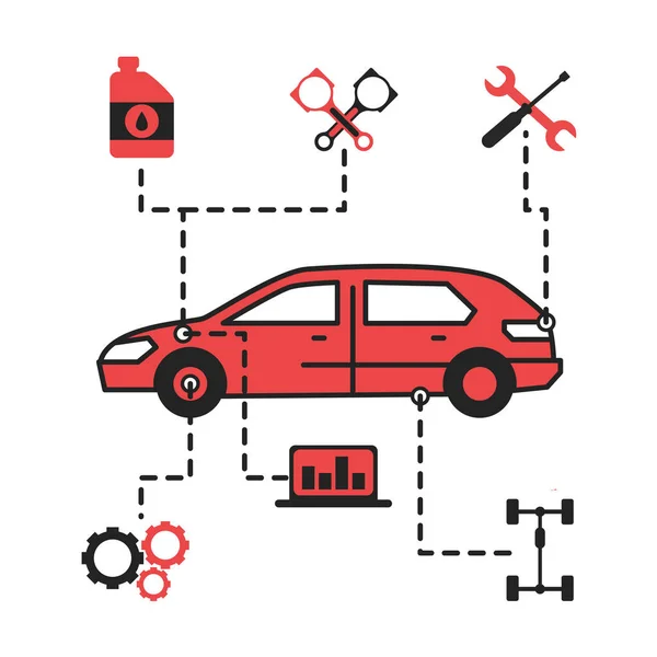 Car Service Infographics nastavit ikony pro webové stránky, Reklama jako tahač, Baterie, Olej a diagnostika notebook. izolovaná vektorová ilustrace — Stockový vektor