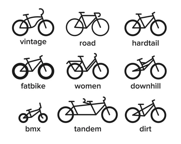 Bicycle types icons set. Simple illustration of 9 bicycle types vector icons for web — Stock Vector