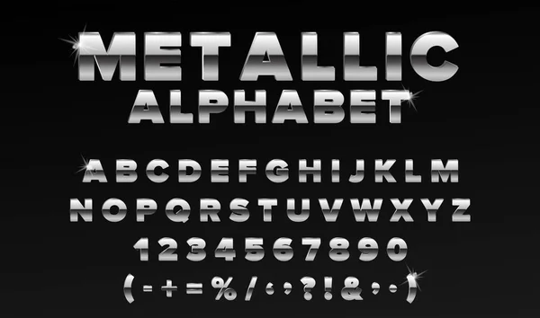 Хромированный металлический жирный шрифт, косый сияющий алфавит. Беталлические буквы и цифры. Сияющие символы. Реалистичная векторная иллюстрация — стоковый вектор