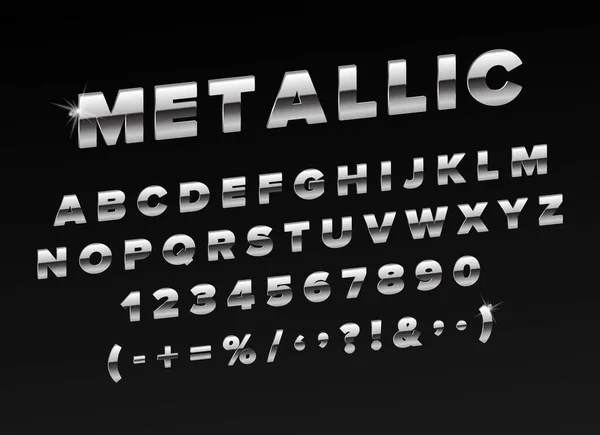 Chrome μεταλλική έντονη γραμματοσειρά, λοξό λαμπερό αλφάβητο. Betallic γράμματα και digitals. Λαμπερά σύμβολα. Ρεαλιστική διανυσματική απεικόνιση — Διανυσματικό Αρχείο