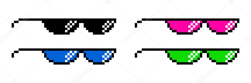 glasses pixel art style 8-bit, thug lifestyle, vector glasses meme for design photos and pictures, easy to edit.