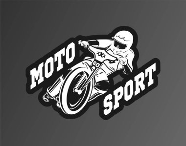 Moto spor logosu. Motosiklet vektör çizimine binen bir adam. Moto sporu. Motosikletli bir motorcu..
