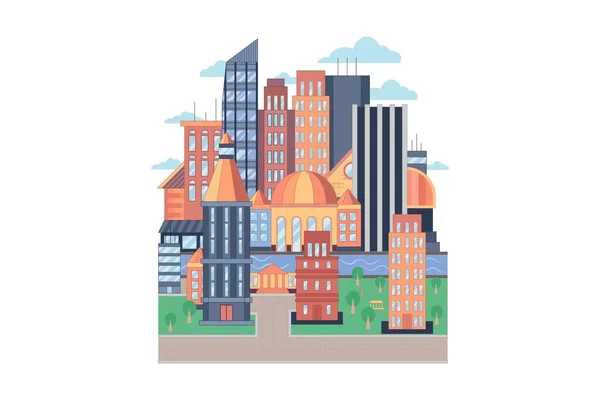 都市ベクトル幾何学的なフラットスタイルのイラスト 街の通りかブロック 道路や高層ビルと町のカラフルなパターン 白を基調としたベクトルイラスト — ストックベクタ