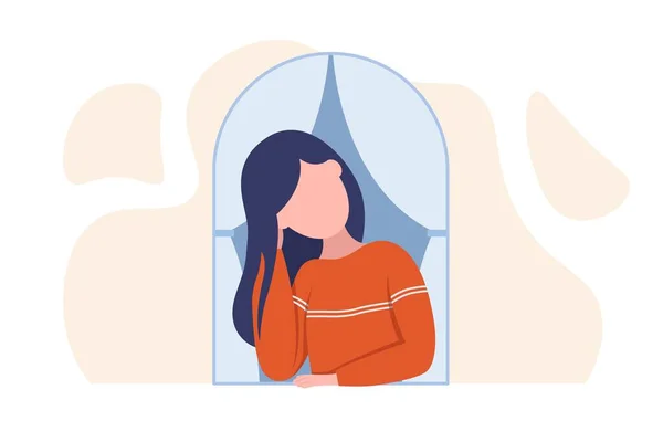 Meisje kijkt door het raam. Moe of verveeld meisje in oranje vest kijkt uit het raam. Vector platte stijl illustratie geïsoleerd op witte achtergrond. — Stockvector