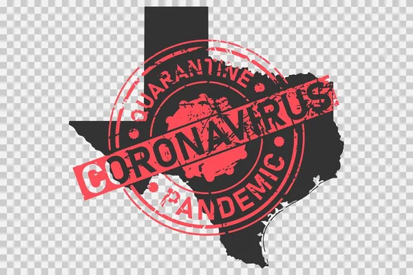 テキサス・コロナウイルス・スタンプ。米国、オースティンでのウイルスの隔離、隔離およびパンデミックの概念。テキサス州の黒い地図の上にグランジスタイルのテクスチャスタンプ。ベクターイラスト. — ストックベクタ