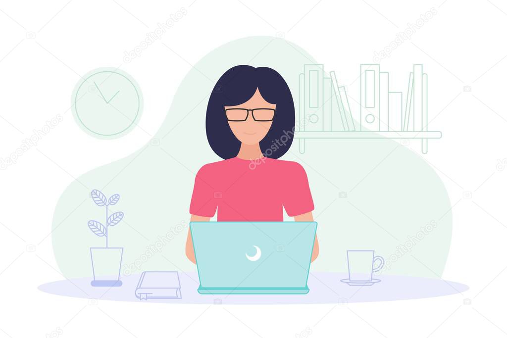 Working at home. Coworking space concept illustration. Woman freelancer working on laptop at home. Remote worker concept. Vector flat style illustration isolated on white background.