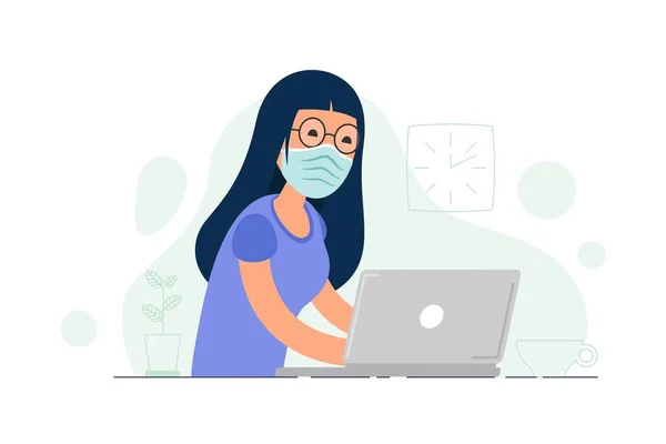 医療用マスクの少女はノートパソコンで働いている オフィスワーカーは病気を避けるために自宅で隔離に取り組んでいます フリーランスやリモートワーカーの概念 白を基調としたベクトルイラスト — ストックベクタ