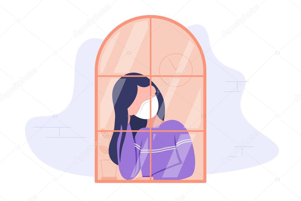 Quarantine concept. Girl in medical mask looking through the window and stay home due to coronavirus. Flat style modern illustration isolated on white background