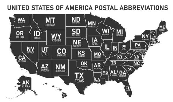 Mapa USA s hranicemi a zkratkami pro státy USA. Černé barvy s bílými nápisy. Plochý styl vektorové ilustrace izolované na bílém pozadí. — Stockový vektor