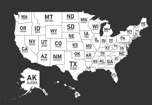 Mapa de Estados Unidos de América con nombres de estado y abreviaturas. Impresión en blanco y negro el mapa de Estados Unidos. Estilo plano vectorial Ilustración . — Archivo Imágenes Vectoriales