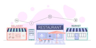 Çevrimiçi servis kavramı. Teslimat, çevrimiçi bankacılık, alışveriş ve gıda mağazası. Mobil ve Masaüstü web uygulaması. Beyaz arkaplanda izole edilmiş vektör düz çizim.