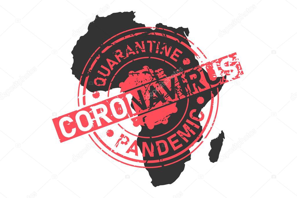 Africa coronavirus stamp. Concept of quarantine, isolation and pandemic of the virus in African continent. Vector illustration isolated on white background.