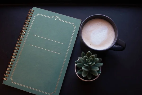 Notebook Coffee Green Plant — Stock Photo, Image