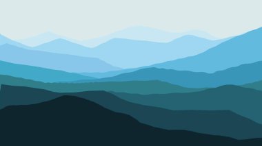 Dağ sırtlarının panorama vektör çizimi. Atmosfer perspektifi. Mavi dağ tepelerinin siluetleri.