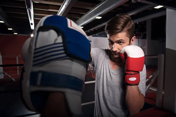 Schöner Boxertrainingshaken auf Pad — Stockfoto