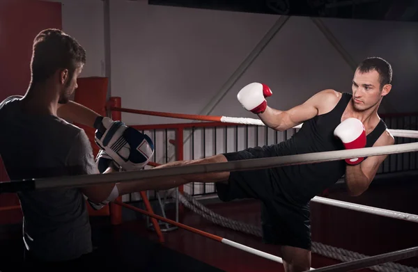 Men training kick boxing hook — Stock Photo, Image