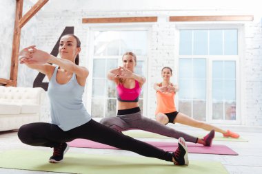 Üç memnun kadın fitness egzersizleri birlikte yapıyor