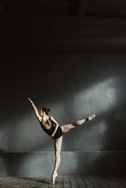 Karanlık ışıklı odaya uzanan zarif bale dansçısı