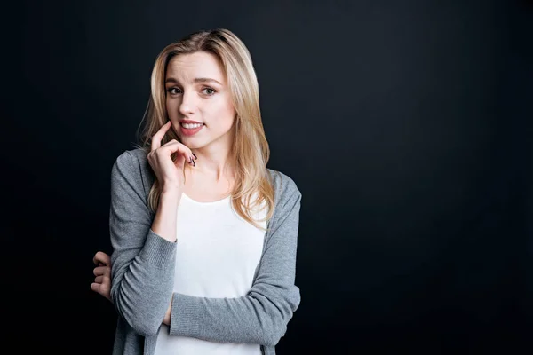 Pleasant young woman involved in thoughts — Stock Photo, Image