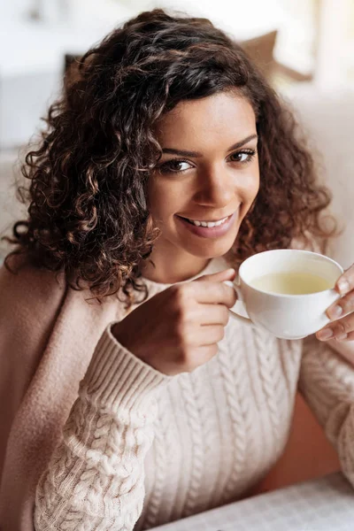 Encantadora mujer afroamericana disfrutando de la taza de té —  Fotos de Stock