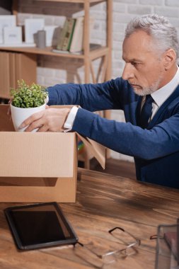 Düşünceli üzgün işadamı uzağa paketleme onun fabrikasında