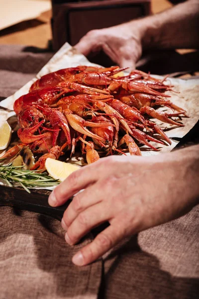 İn yakın bir tepsi ile crayfishes holding eller mans — Stok fotoğraf