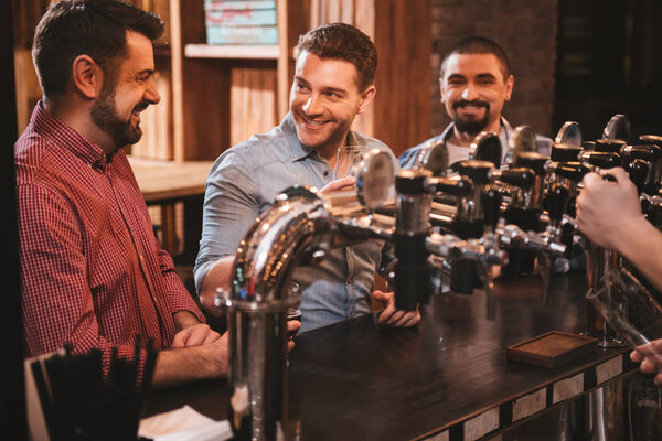 Positive male friends speaking at the bar counter