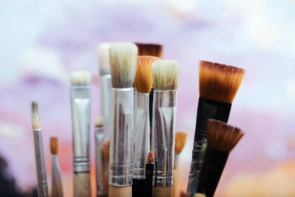 Close up of professional brushes on colorful background — Stock Photo, Image