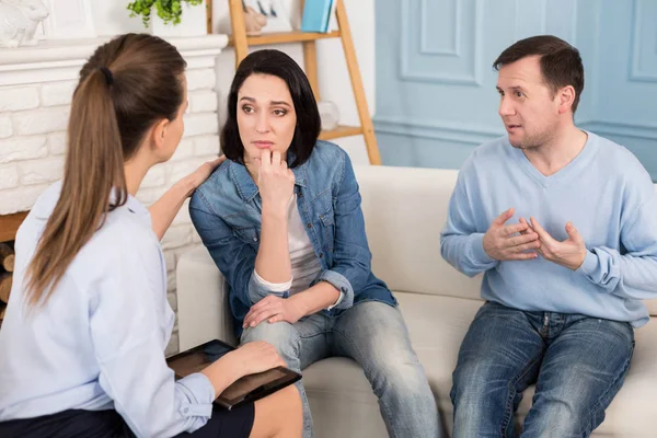 Depressed cheerless woman holding her chin — Stock Photo, Image