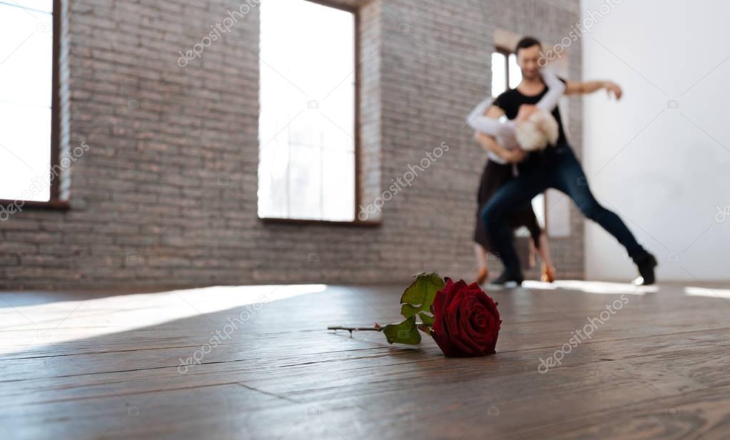 Charismatic dance teacher tangoing with senior woman at the ballroom
