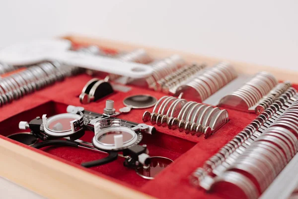 Close up of eye test spectacles lying in the box — Stock Photo, Image