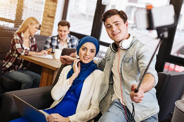 Positive international students making selfies — Stock Photo, Image