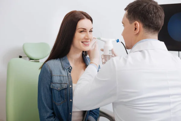 Positive delighted brunette came for consultation — Stock Photo, Image