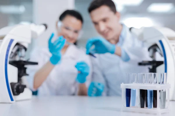 Close up of chemical agents standing on plastic support — Stock Photo, Image