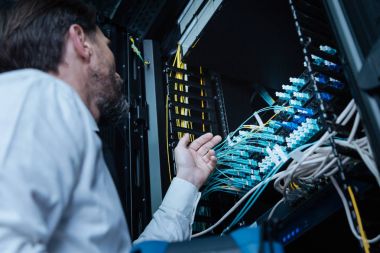 Ethernet kabloları seyir profesyonel erkek teknisyen