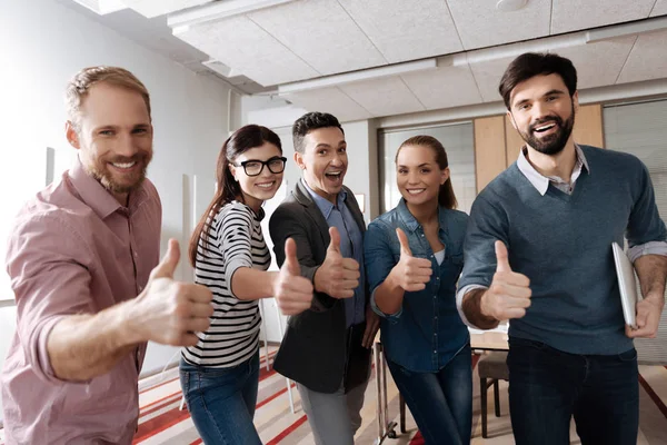 Positive delighted colleagues raising thumbs — Stock Photo, Image