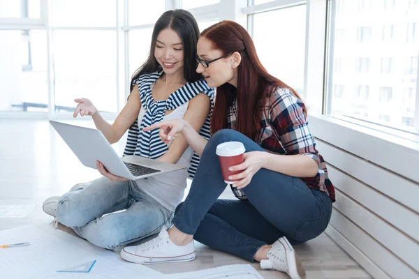 Feliz agradable mujeres apuntando a la pantalla del ordenador portátil — Foto de Stock