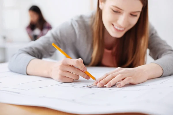 Indachtig persistente jonge vrouw die werkt aan een ontwerp — Stockfoto