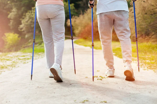 Pareja envejecida activa usando bastones —  Fotos de Stock