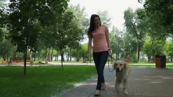 Glad vacker kvinna promenader med sin hund — Stockvideo
