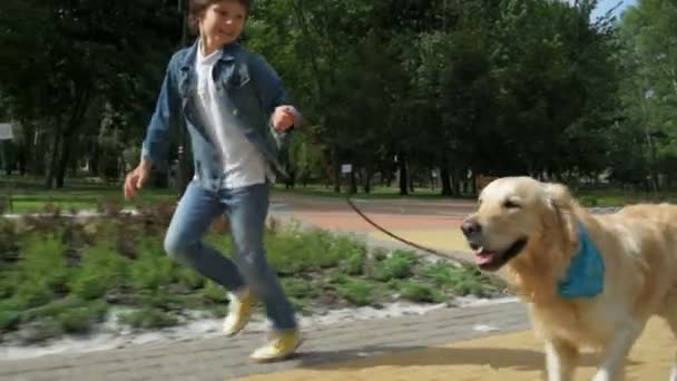 Веселый маленький мальчик бегает со своей собакой — стоковое видео