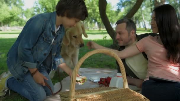 Famiglia positiva godendo pic-nic con il loro cane — Video Stock