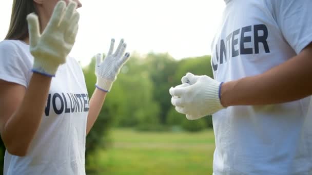 Close up of millennial volunteers chatting over something — Stock Video