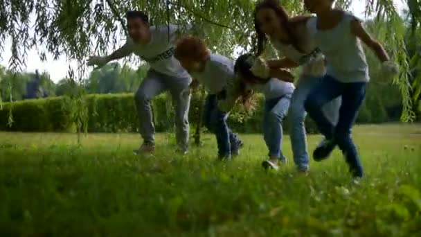 Podekscytowany dzieci i wolontariusze spaceruje w parku i zabawy — Wideo stockowe