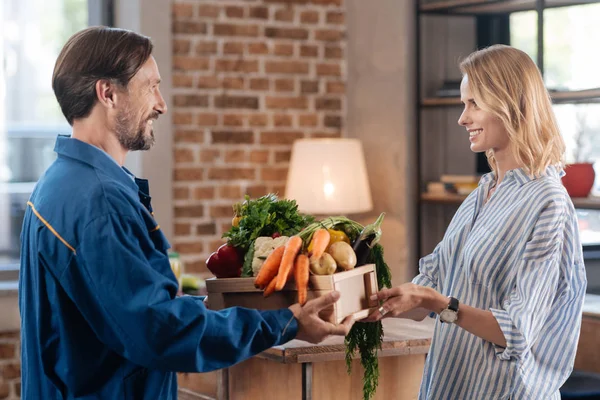 Classy polite woman thanking for delivery — Stock Photo, Image