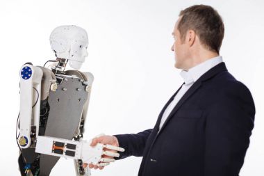 Robot tebrik heyecanlı kararlı bilim adamı